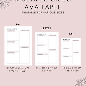 Op de afbeelding: Printbare vision board sjabloon in drie formaten: A4 (21 cm x 29,7 cm), Letter (21,6 cm x 27,9 cm) en A5 (14,8 cm x 21 cm). De sjabloon heeft secties voor droombaan, dingen om te leren, plekken om te wonen, relaties, gezondheidsdoelen en rolmodellen.