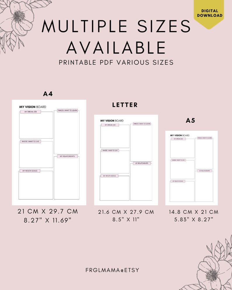 Op de afbeelding: Printbare vision board sjabloon in drie formaten: A4 (21 cm x 29,7 cm), Letter (21,6 cm x 27,9 cm) en A5 (14,8 cm x 21 cm). De sjabloon heeft secties voor droombaan, dingen om te leren, plekken om te wonen, relaties, gezondheidsdoelen en rolmodellen.