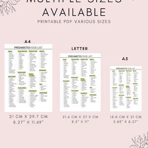 May include: Printable pre-diabetes food list in three different sizes: A4 (8.27" x 11.69"), Letter (8.5" x 11"), and A5 (5.83" x 8.27"). The list includes categories for fruits, vegetables, meat and seafood, dairy, grains, legumes, nuts and seeds, beverages, and condiments.