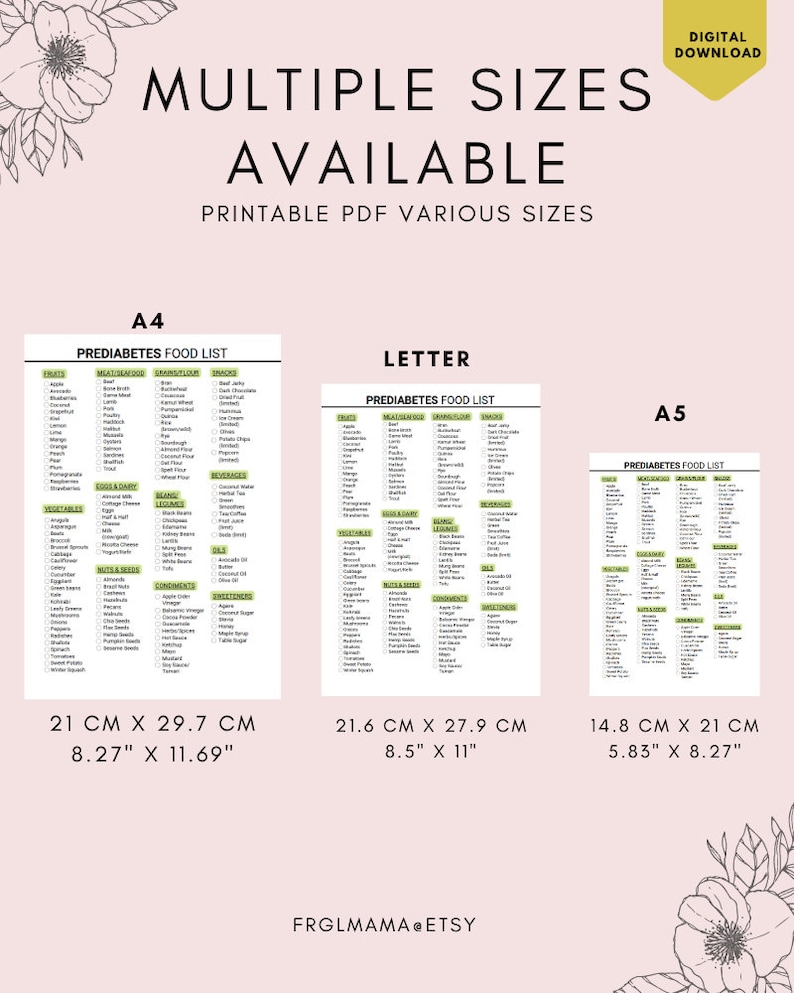 May include: Printable pre-diabetes food list in three different sizes: A4 (8.27" x 11.69"), Letter (8.5" x 11"), and A5 (5.83" x 8.27"). The list includes categories for fruits, vegetables, meat and seafood, dairy, grains, legumes, nuts and seeds, beverages, and condiments.