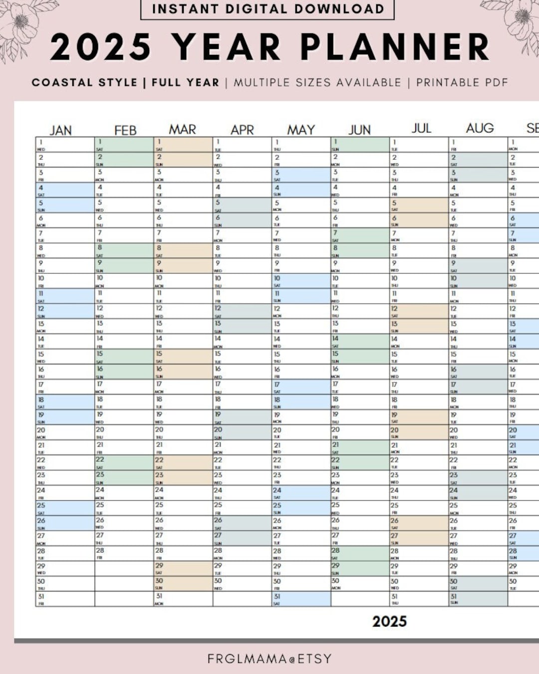Full Year Calendar 2025, 2025 Monthly Planner, 2025 Rainbow Yearly Calendar, Calendar Printable, 2025 Wall Planner, Wall Calendar 2025 - Etsy
