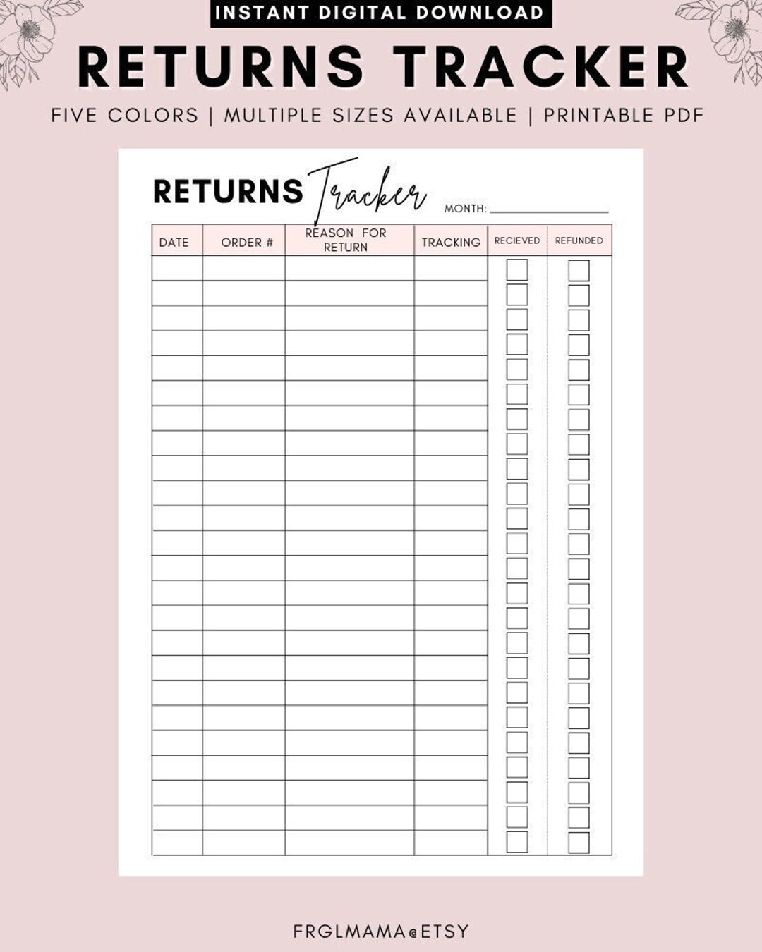 Printable Returns Tracker, Online Business Return Sheet, Sales Tracking, Business Tracker
