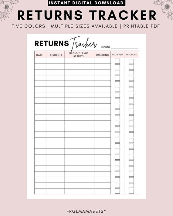 Printable Returns Tracker Online Business Return Sheet Sales Etsy