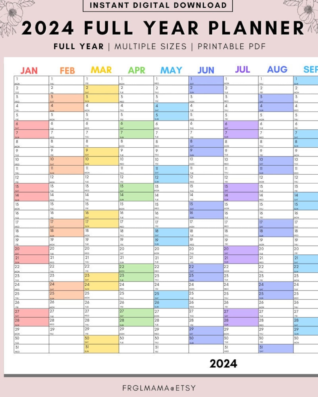 Calendario per l'intero anno 2024, Pianificatore mensile 2024, Calendario  annuale arcobaleno 2024, Calendario stampabile, Pianificatore da parete 2024,  Calendario da parete 2024, -  Italia