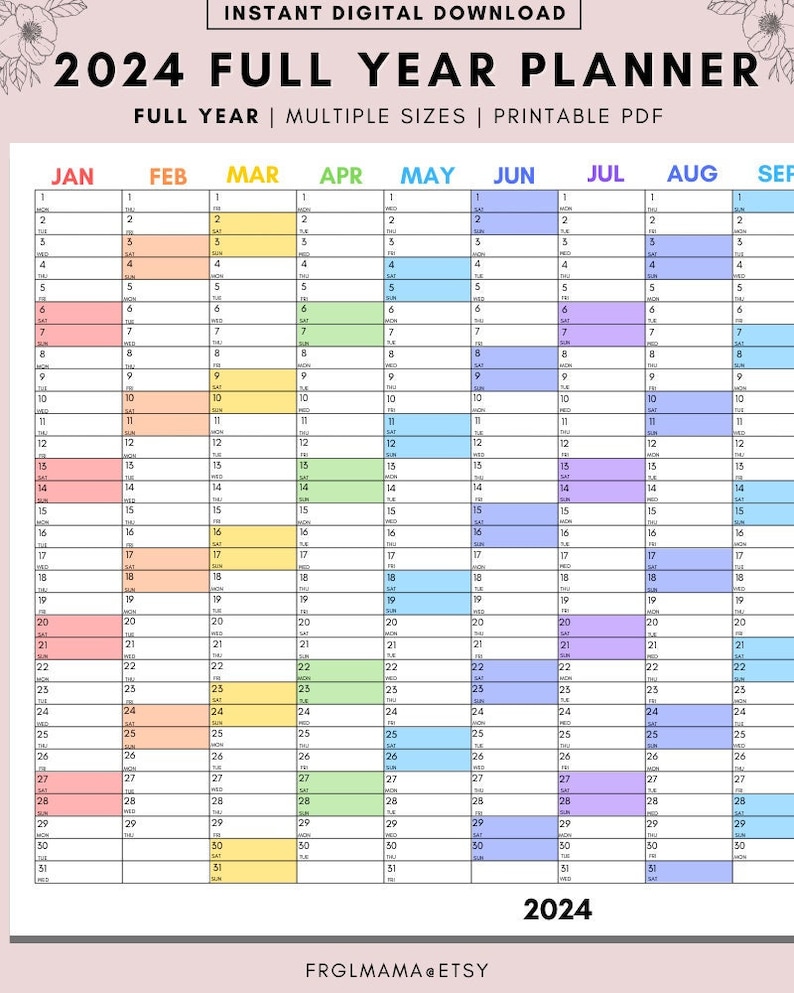 Volledige jaarkalender 2024, 2024 maandelijkse planner, 2024 Rainbow jaarkalender, kalender afdrukbaar, 2024 muurplanner, muurkalender 2024, afbeelding 1