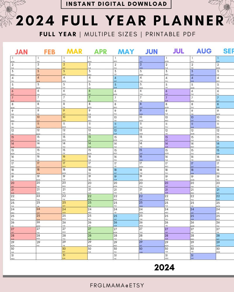 Wall Planner 2024, PRINTABLE Wall Planner, Wall Planner Family, Yearly Wall  Planner January 24 Rainbow Colors, Monthly Planner, Year to View 