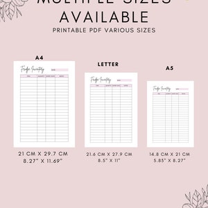 May include: Printable fridge inventory list template in three sizes: A4 (8.27" x 11.69"), Letter (8.5" x 11"), and A5 (5.83" x 8.27").