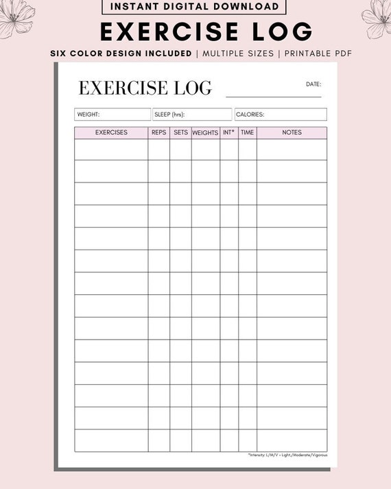 Exercise Log Printable, Gym Diary and Workout Log Book, Fitness
