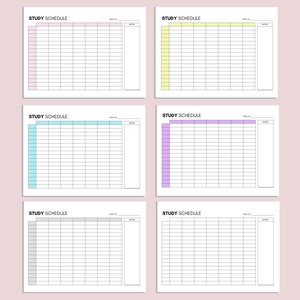 May include: Six blank study schedule templates with different coloured borders. The templates are designed for creating a weekly study schedule. Each template has columns for the day of the week, time of day, subject, and notes.