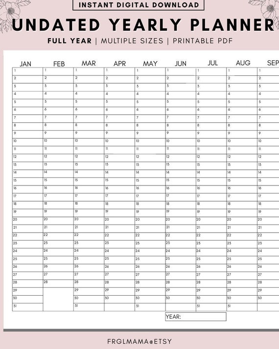 UNDATED Year Planner Yearly Planner on 1 Page Landscape, Vertical Planner Calendar, Minimalistic Calendar Printable, Year Planner - Etsy Israel