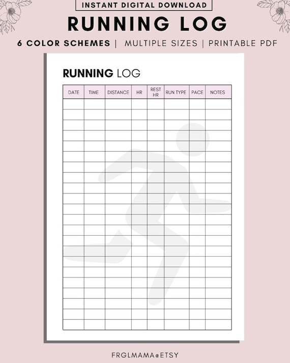 Running Log Tracker Printable Jogging And Workout Planner 