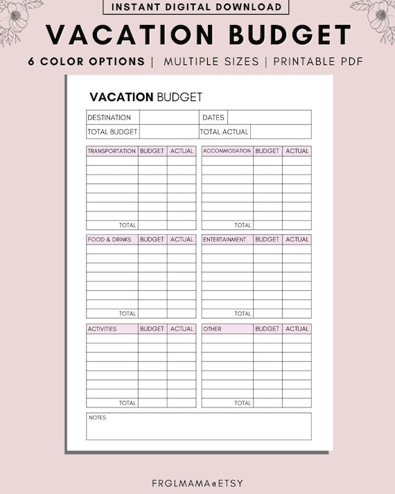 Vacation Budget Printable Holiday Budget Planner Printable - Etsy