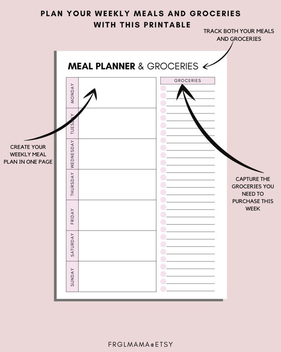 Printable Pink Meal Planning Pages, Weekly Menu Planner, Grocery List, Meal  Prep, Recipe Cards, 4 Week Dinner Plan, Calendar, Letter 