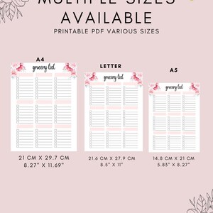 May include: Printable grocery list available in A4 (21 cm x 29.7 cm), Letter (21.6 cm x 27.9 cm), and A5 (14.8 cm x 21 cm) sizes. Each list has a floral design and checkboxes. The text "grocery list" is displayed at the top.