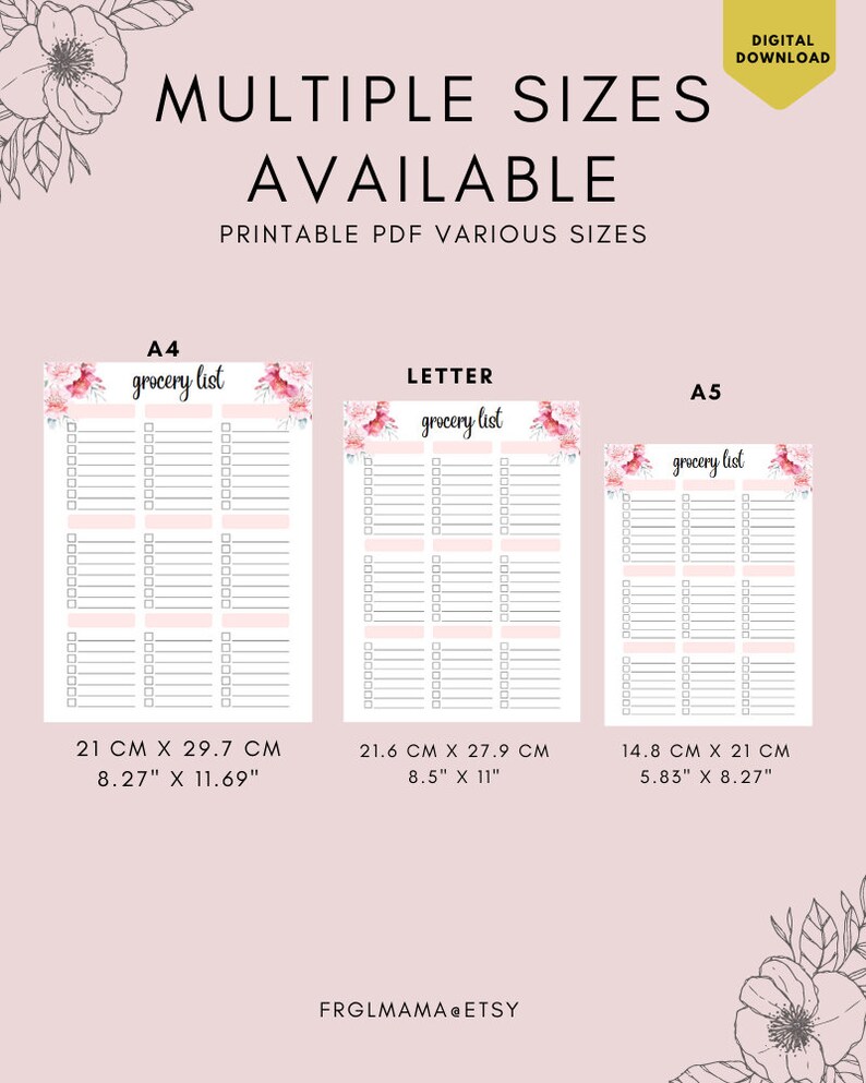 May include: Printable grocery list available in A4 (21 cm x 29.7 cm), Letter (21.6 cm x 27.9 cm), and A5 (14.8 cm x 21 cm) sizes. Each list has a floral design and checkboxes. The text "grocery list" is displayed at the top.