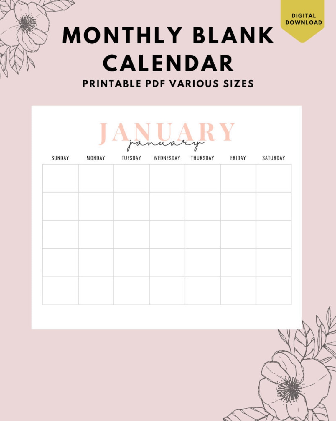 BLANK Monthly Calendar Landscape Printable Calendar Year - Etsy