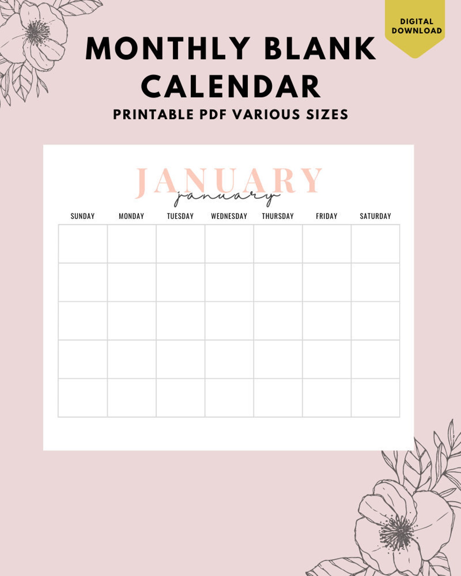 BLANK Monthly Calendar Landscape, Printable Calendar, Year Calendar ...