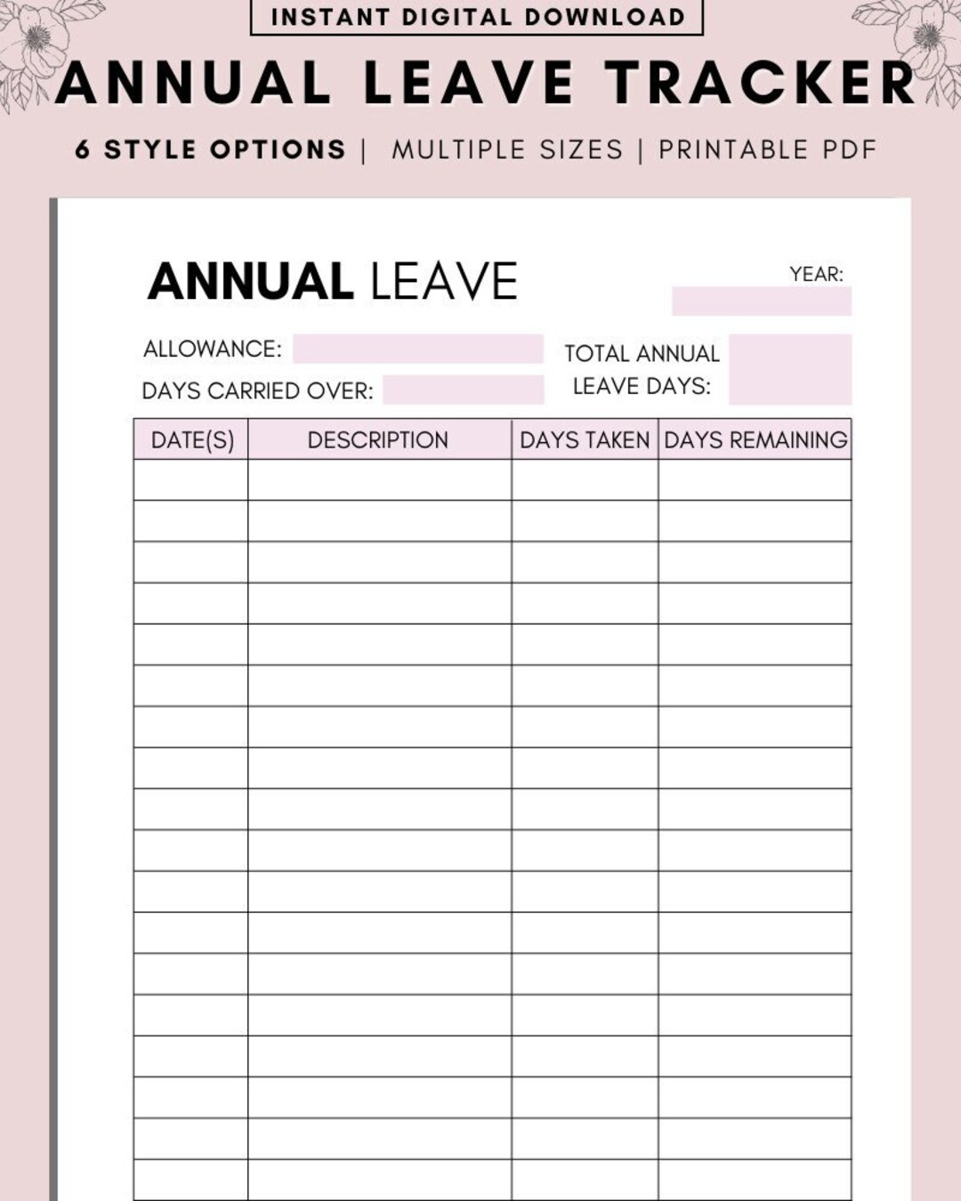 Annual Leave Tracker Printable Work Holiday Tracker Days Off Etsy UK