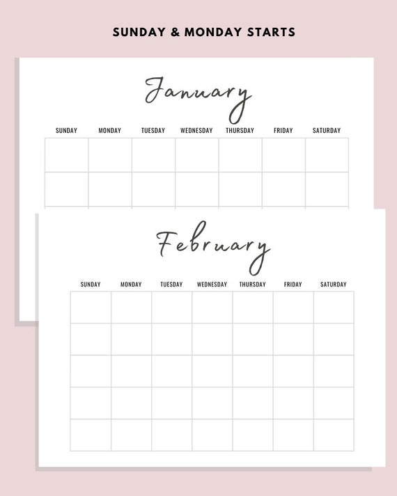 Printable Monthly Calendar Landscape, Printable Calendar, Year Calendar,  Minimalist Calendar, Calendar Template, Monday/sunday Start - Etsy Norway