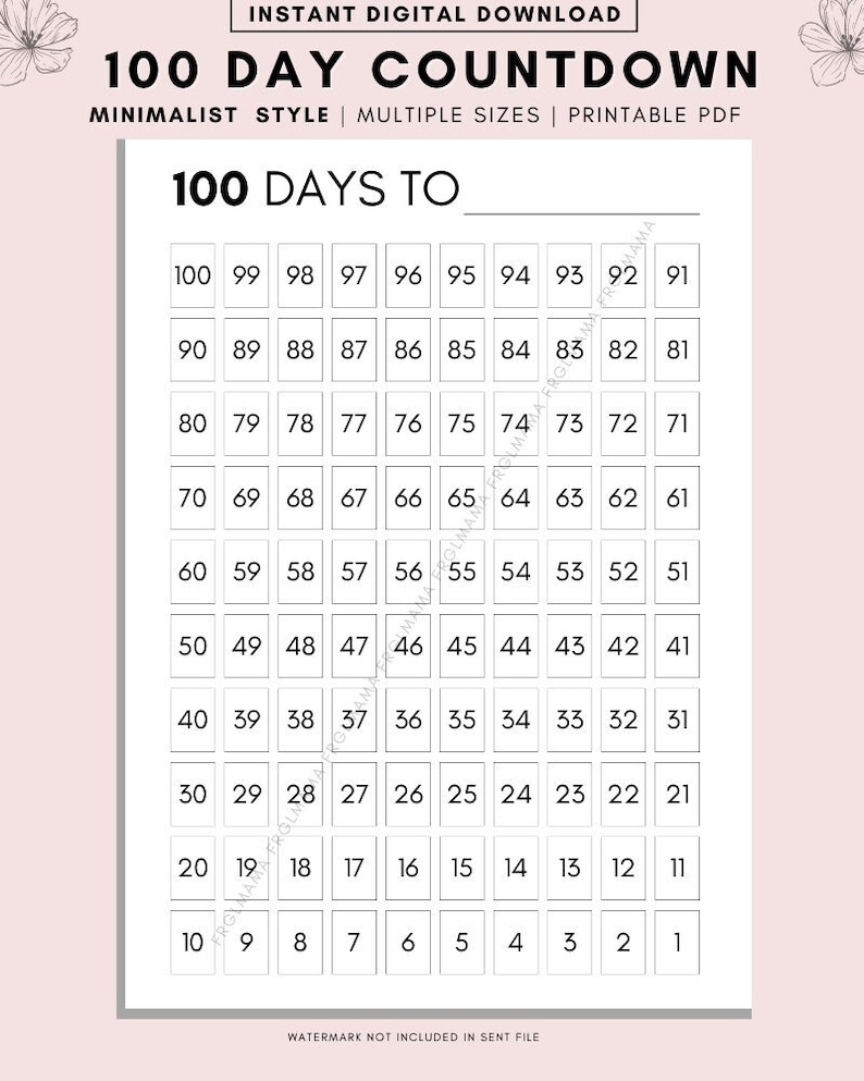 100 Day Countdown Printable: Minimalist Planner (PDF) - Etsy