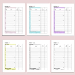 Puede incluir: Seis plantillas de diario de alimentos imprimibles diferentes con fondo azul claro, rosa, amarillo y gris. Cada plantilla incluye columnas para objetivos diarios, calor&iacute;as, carbohidratos, prote&iacute;nas, grasas y az&uacute;car. Las plantillas tambi&eacute;n incluyen una secci&oacute;n para el resumen del final del d&iacute;a, en camino y objetivo cumplido.