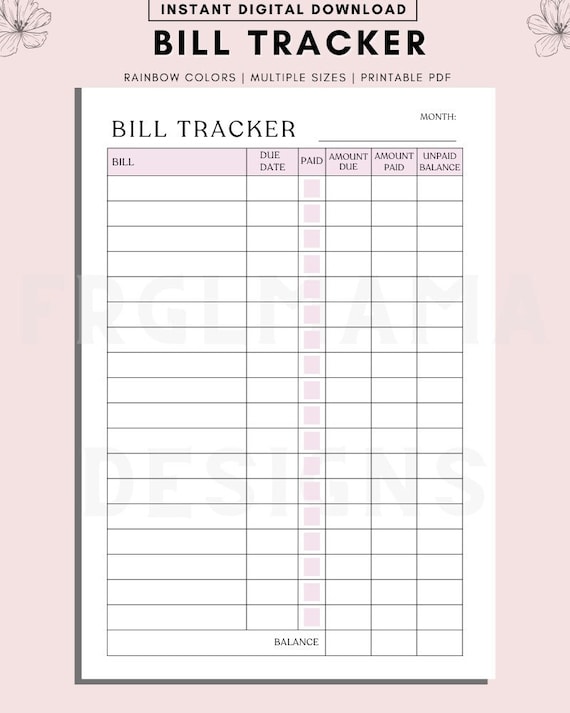 Monthly Bill Payment Tracker, Printable Bill Payment Checklist, Bill Planner,  Monthly Bill Log, Pay Checklist Organizer, Budget Planner 