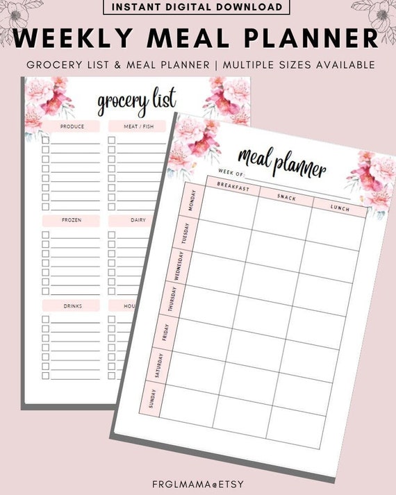 Weekly Meal Planner Printable: Grocery List, Health & Fitness (PDF Digital Download)