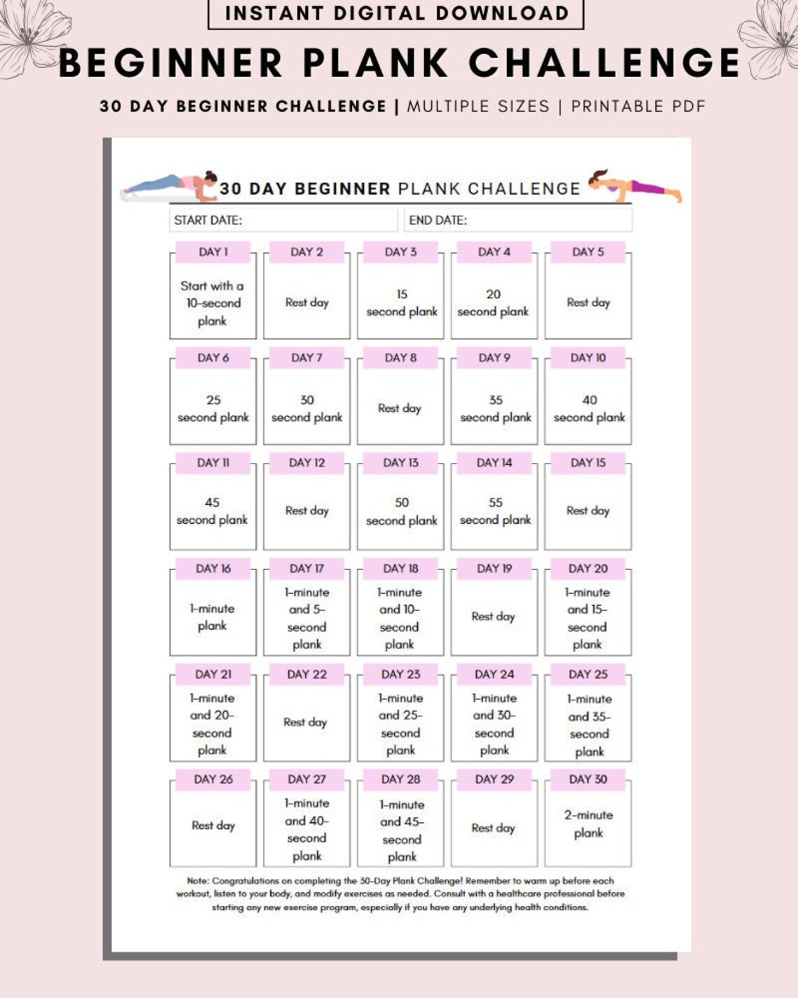 Plank Exercise .pdf 30 Day Plank Challenge, Beginner Fitness Tracker (A4, A5, Letter PDF ...