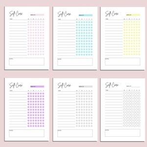 Puede incluir: Seis p&aacute;ginas de planificador de autocuidado imprimibles con diferentes cuadr&iacute;culas de puntos de colores. Cada p&aacute;gina tiene una secci&oacute;n para tareas, notas y una semana del mes. El texto "Self-Care" est&aacute; en la parte superior de cada p&aacute;gina.