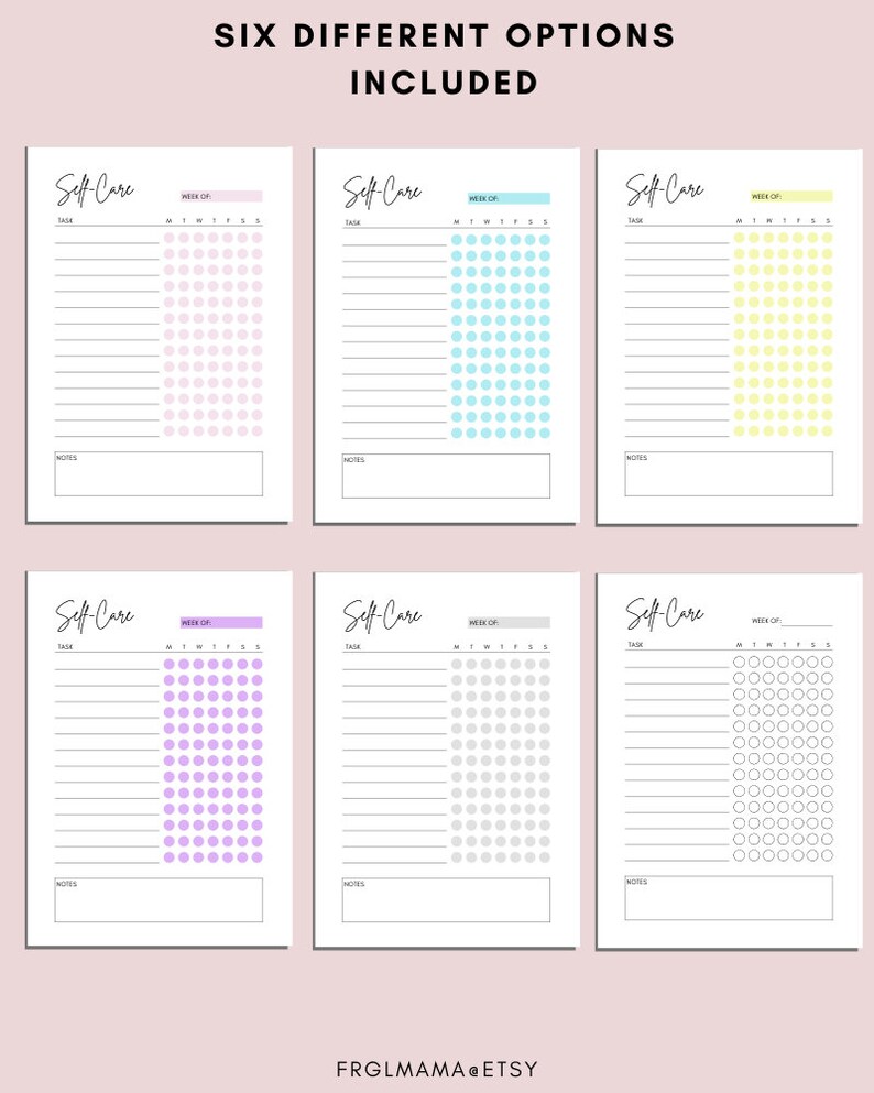 Puede incluir: Seis p&aacute;ginas de planificador de autocuidado imprimibles con diferentes cuadr&iacute;culas de puntos de colores. Cada p&aacute;gina tiene una secci&oacute;n para tareas, notas y una semana del mes. El texto "Self-Care" est&aacute; en la parte superior de cada p&aacute;gina.