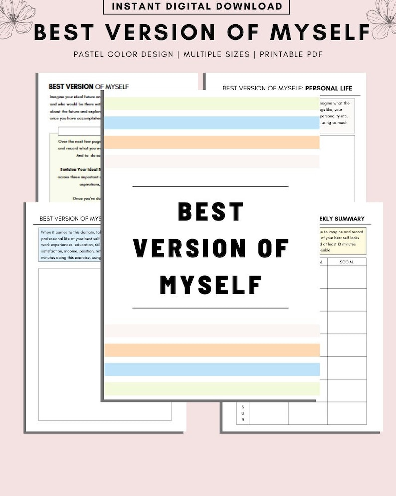 Puede incluir: Una hoja de trabajo imprimible con colores pastel y el t&iacute;tulo "Mejor versi&oacute;n de m&iacute; mismo". La hoja de trabajo est&aacute; dividida en secciones para la vida personal, el resumen semanal y una secci&oacute;n para visualizar tu yo ideal.