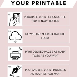 May include: A pink and white infographic with black icons and text explaining how to get a printable. The steps are: purchase the file, download the file, print the file, and plan and use the printable.