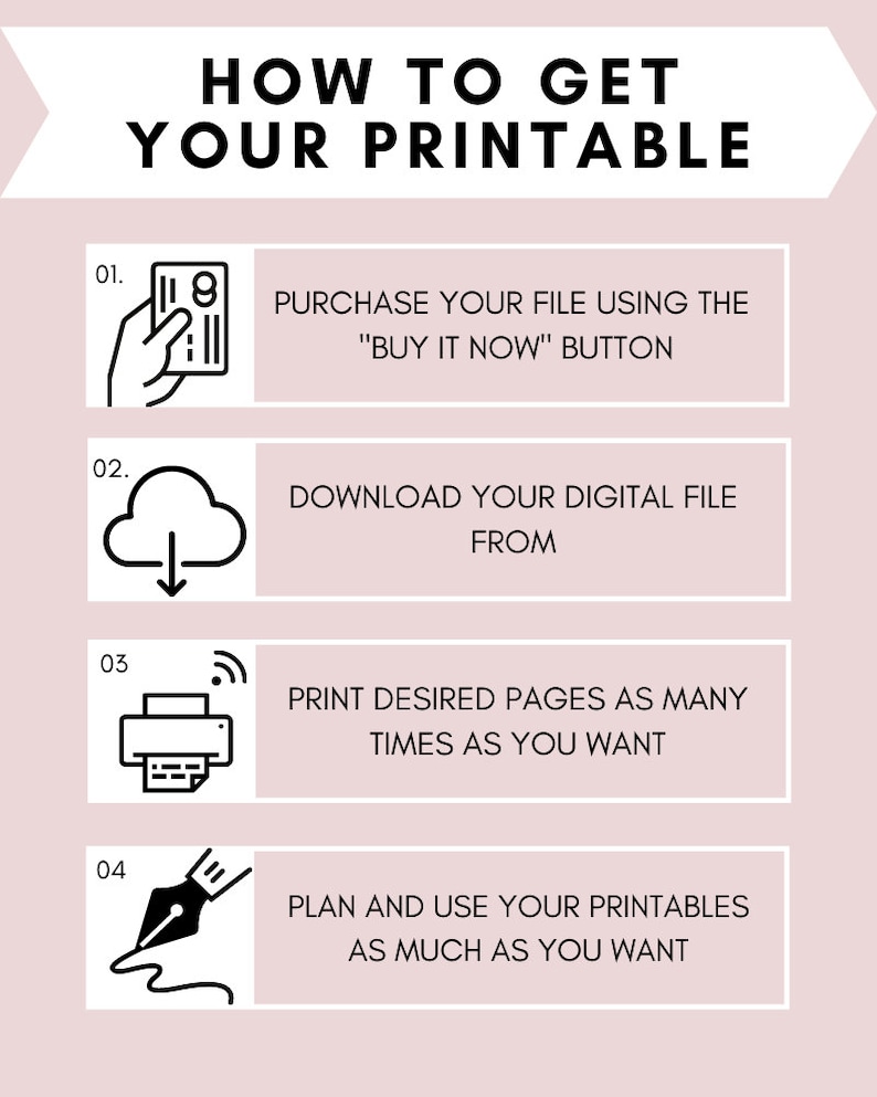 May include: A pink and white infographic with black icons and text explaining how to get a printable. The steps are: purchase the file, download the file, print the file, and plan and use the printable.