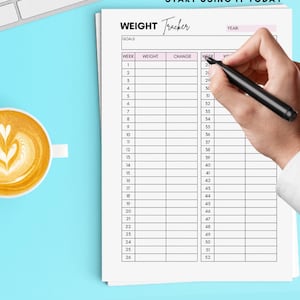 Op de afbeelding: Een printbare gewichts tracker met kolommen voor week, gewicht en verandering. De tracker is ontworpen om 26 weken te worden gebruikt. De tekst "THUIS PRINTEN EN DIRECT GEBRUIKEN" staat bovenaan de pagina.