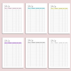May include: Six different color options of sales log sheets are shown. Each sheet has a header that says "Sales Log" and includes columns for date, item name, sale price, fees, and profit. The text "SIX OTHER DIFFERENT COLOUR OPTIONS INCLUDED" is at the top.