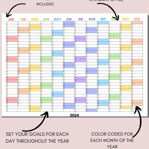 2024 Large Colour Wall Planner, Printable Year Planner, Rainbow Colours ...