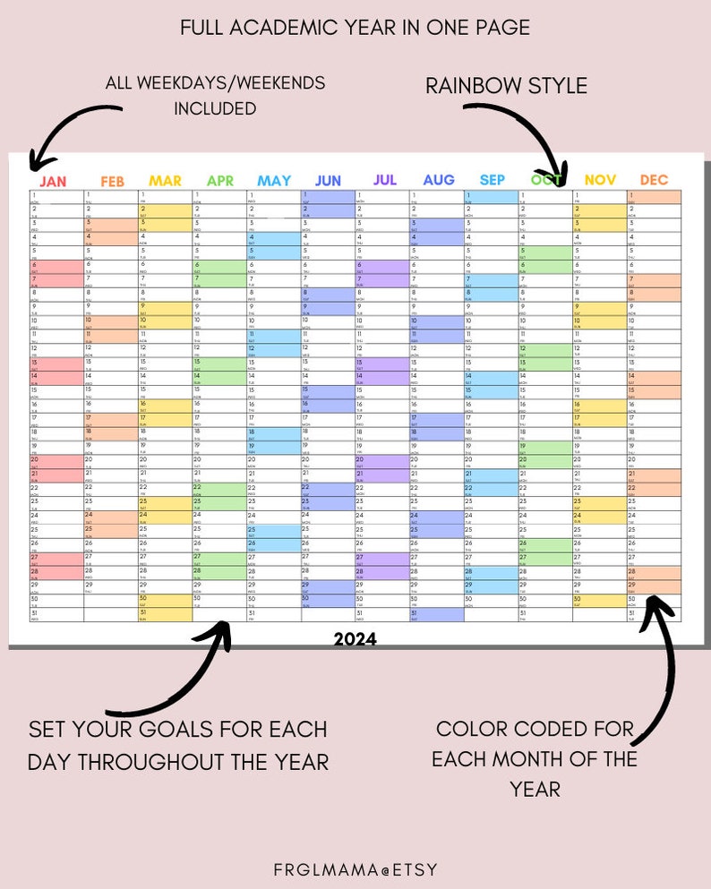 Volledige jaarkalender 2024, 2024 maandelijkse planner, 2024 Rainbow jaarkalender, kalender afdrukbaar, 2024 muurplanner, muurkalender 2024, afbeelding 2