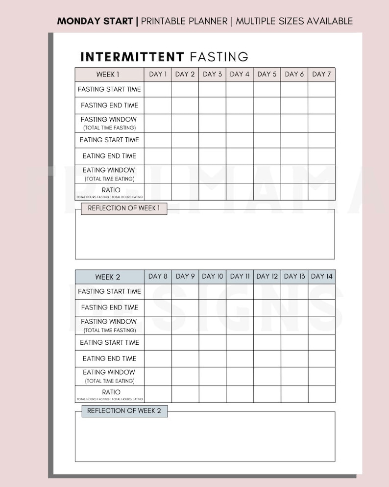 May include: Printable intermittent fasting planner with a grid for tracking fasting and eating times for each day of the week. The planner includes sections for fasting start time, fasting end time, fasting window, eating start time, eating end time, eating window, and ratio. There are two weeks of tracking on the planner.