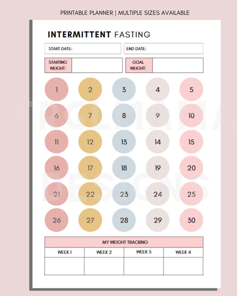 May include: Printable intermittent fasting tracker with a calendar grid of 30 days. The calendar is divided into four weeks and has a section for tracking weight. The calendar has a pink, yellow, and blue color scheme.
