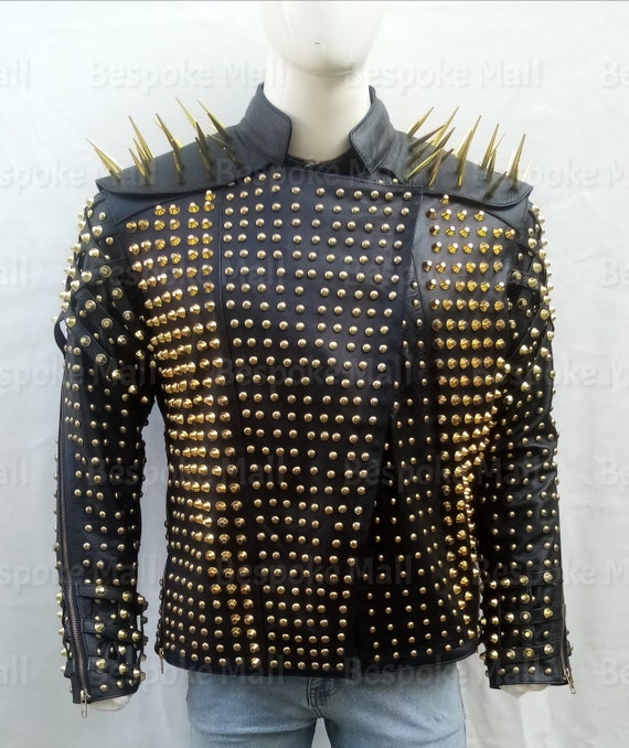  Handmade Long Spiked Studded Leather Jacket Men- Steampunk  Style Rocker Leather Motorcycle Jacket, Brando black leather jacket for men  with Silver Spikes (M, black) : Handmade Products