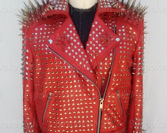 New Handmade Mens Red Rock Punk Full Silver long spiked Studded Rock Studded Brando Cowhide Biker Belted Leather Jacket-59