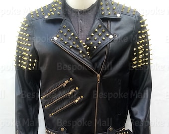 New Handmade Man New Black Golden Studded Brando Style Leather Jacket-86