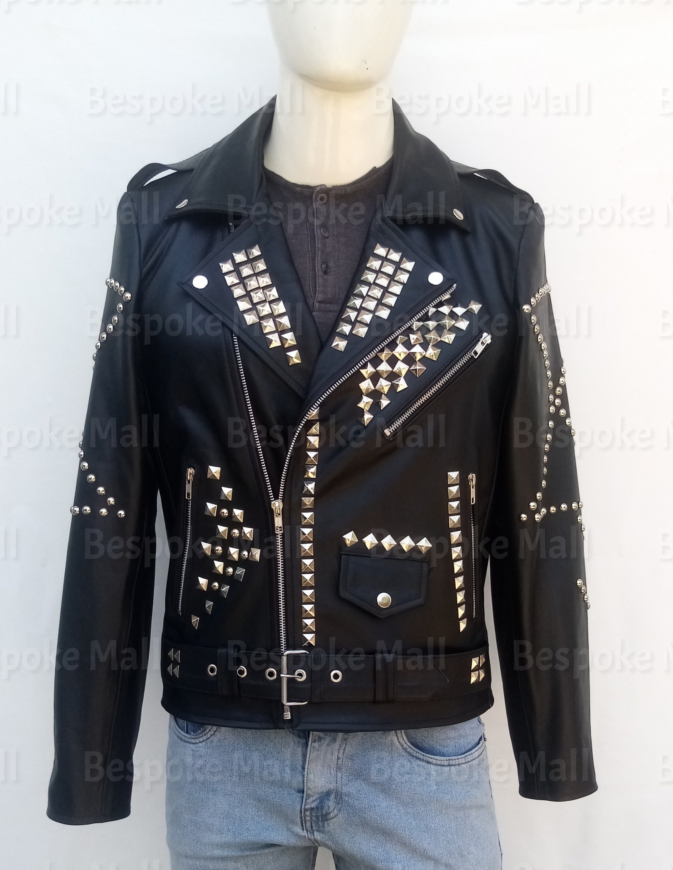 New Handmade Men Black Silver Studded Rock Punk Brando