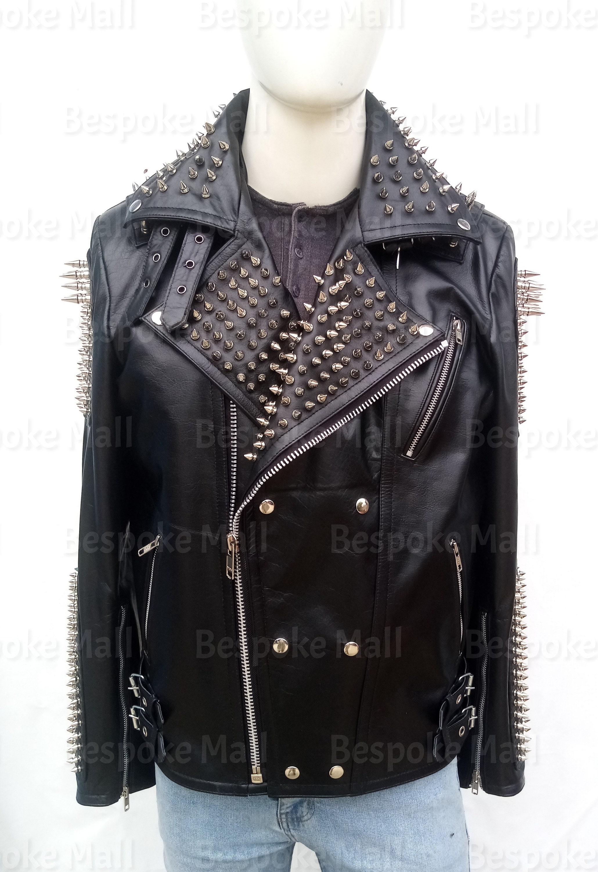 買取り実績  Mens New Punk Zipper Brando Studded Spiked Long Silver Black ジャケット・アウター