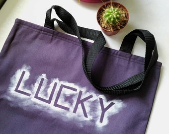 Purple hand-painted cotton bag with lining, cotton tote woman bag