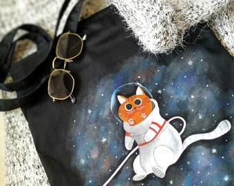 Black cotton zip bag with lining, cotton tote bag, cosmocat bag