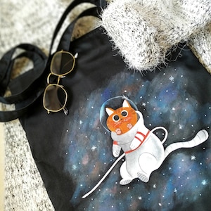 Black cotton zip bag with lining, cotton tote bag, cosmocat bag zdjęcie 1