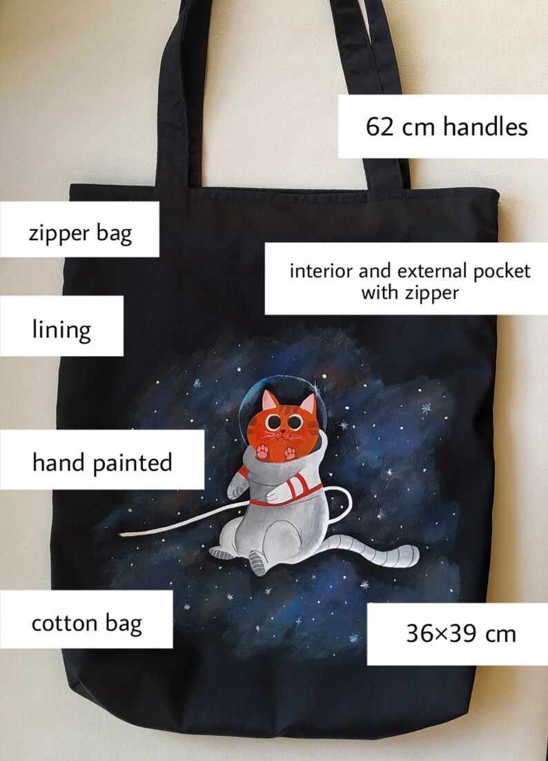 Black cotton zip bag with lining, cotton tote bag, cosmocat bag zdjęcie 10