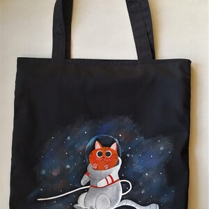 Black cotton zip bag with lining, cotton tote bag, cosmocat bag zdjęcie 3