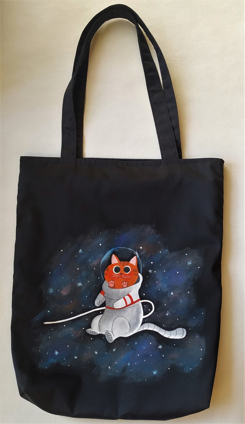 Black cotton zip bag with lining, cotton tote bag, cosmocat bag zdjęcie 3